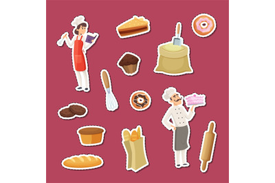 Vector cartoon bakery stickers of set illustration