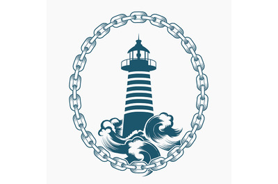 Lighthouse in Circle of Chains Engraving Vector Emblem