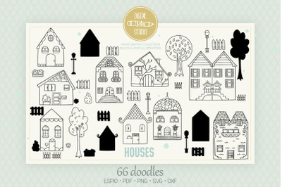 House Doodles | Home, City Building, Cottage, Tree, Fence, Light Pole