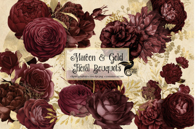 Maroon and Gold Floral Bouquets Clipart