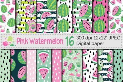 Pink watermelon digital papers / Summer seamless patterns