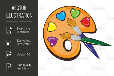 The art palette of paints and brushes
