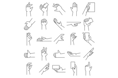 Line hand gestures. Pointing gesture, hold in hands and like icon vect