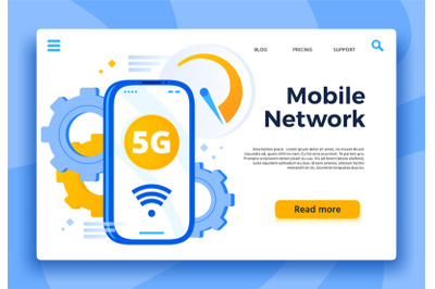 Mobile 5G network landing page. Communication system, cellular connect