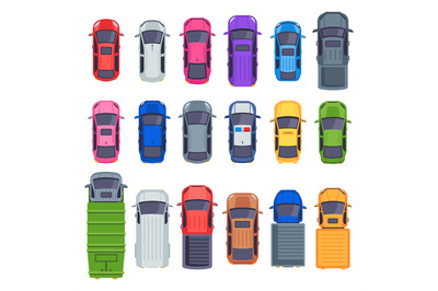 Top view cars. Auto transport&2C; truck and car roof. City traffic vector