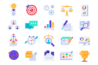 Business icons. Company startup, corporate goals and brand vision flat