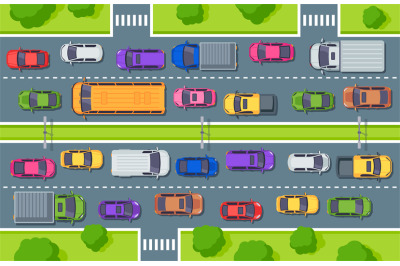 Traffic jam. Highway top view, trucks cars on road and car traffic con