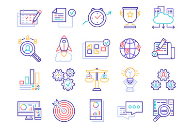 Business line icons. Money investment management, business project tar