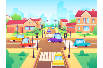 Crossroad with cars. City suburb traffic jam&2C; street crosswalk with tr