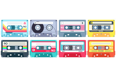 Retro music cassette. Stereo DJ tape, vintage 90s cassettes tapes and