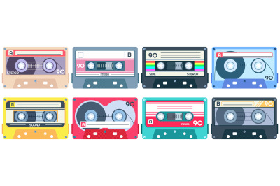 Vintage tape cassette. Retro mixtape, 1980s pop songs tapes and stereo