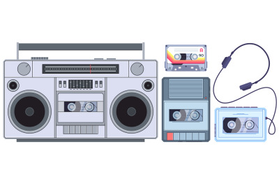 Retro tape player. Vintage cassette music players, old sound recorder