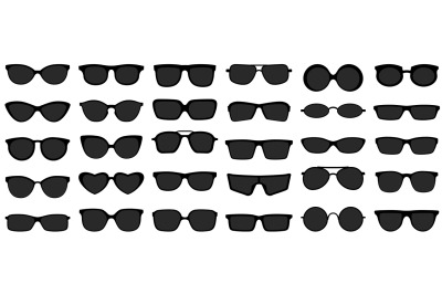 Sunglasses icons. Black sunglass, mens glasses silhouette and retro ey