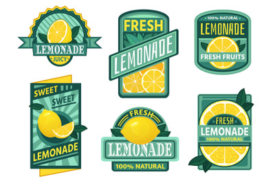 Lemonade badge. Lemon syrup, fresh lemonades emblems and lemons fruits