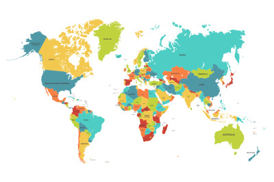 Colored world map. Political maps, colourful world countries and count