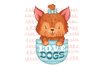 Cute pocket dog. Love dogs, little puppy and cartoon pet vector illust