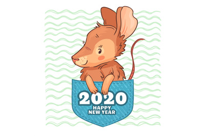 Pocket rat. Happy new year 2020, cute cartoon rat and pockets mouse ve