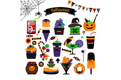 Halloween witchcraft sweets flat icons