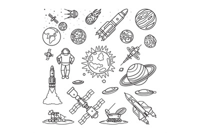 Space doodle linear icons