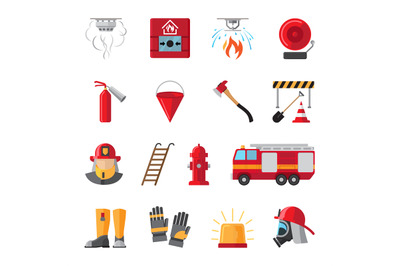 Firefighting equipment flat icons