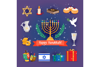 Jewish holidays hanukkah or chanukah icons