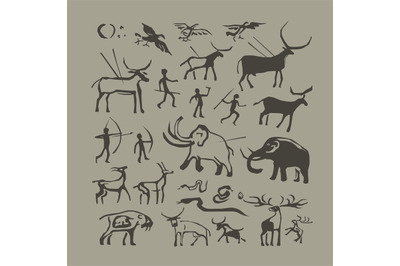 Cave man and animals rock painting