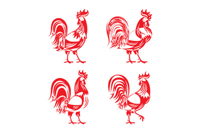 Stylized red cockerel rooster silhouette set