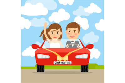 Just married in red car