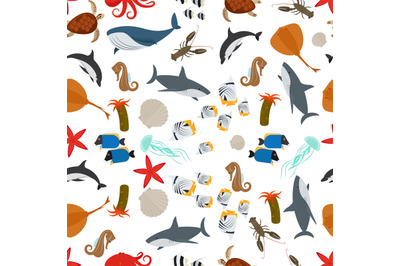 Sea animals flat style seamless pattern