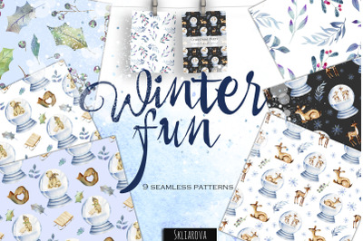 Winter fun. Seamless patterns set.