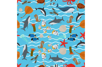 Sea animals seamless pattern with waves