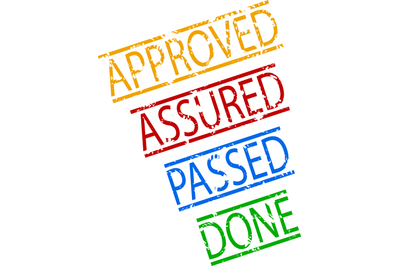 Assured, passed, done, approved rubber stamp