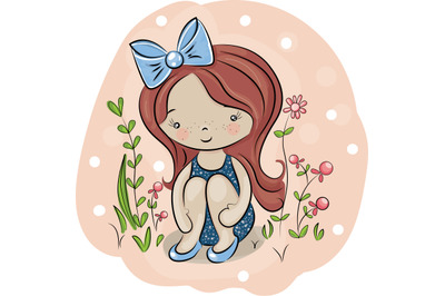 Cute cartoon girl sitting in garden digital illustration