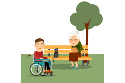 Disabled man on wheelchair in park