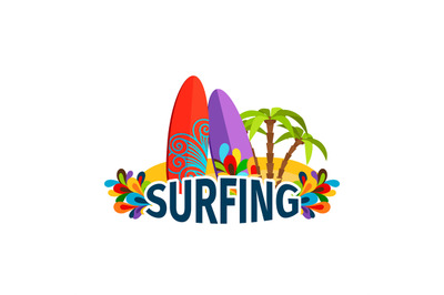 Surfing poster with palm trees