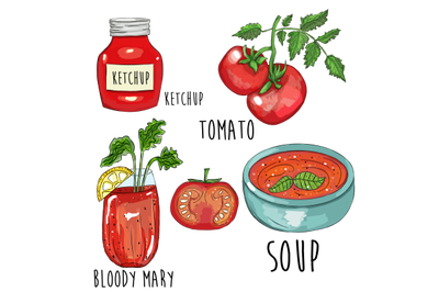 Hand drawn tomato, ketchup, soup, cocktail illustration