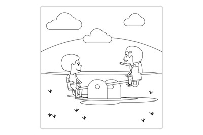 Coloring page with kids on playground