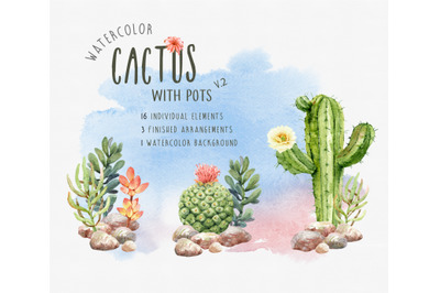Watercolor Cactus Clipart | Cacti Succulents with Pots-Digital Files