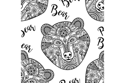 Black doodle bear face seamless pattern