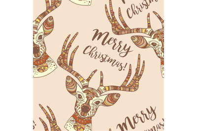 Deer face Merry Christmas seamless pattern