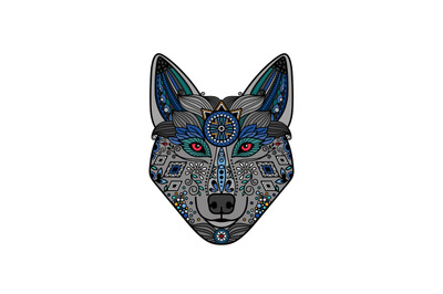 Wolf head in ethnic boho style