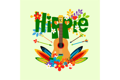 Hippie illustration with guitar and flowers