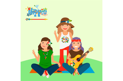 Three hippie girls and guitar