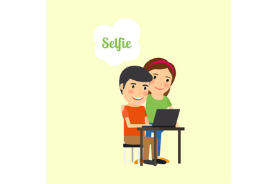 Cartoon couple taking selfie