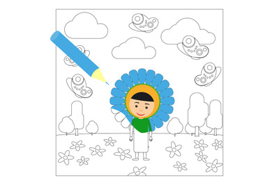 Kid in flower dress coloring page