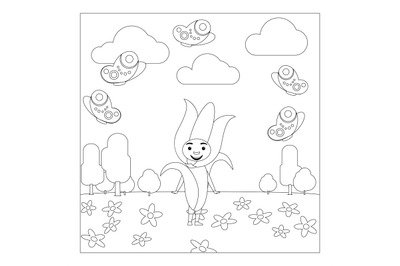 Kid in flower dress coloring page