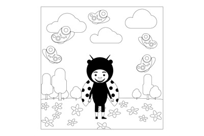 Kid in ladybug dress coloring page