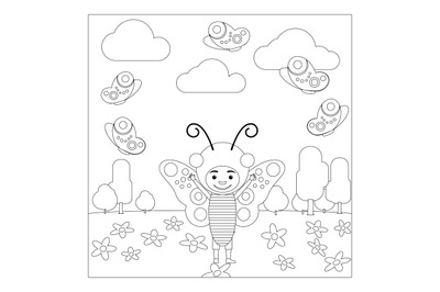 Kid in butterfly dress coloring page