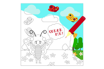 Kid in buttefly dress coloring page