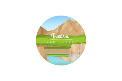 Tourism landscape with mountains circle icon